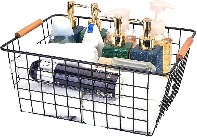 LeleCAT Large black wire baskets with Wooden Handles for storage pantry, Storage Organizer Baskets, Household Refrigerator for Cabinets, Closets, Bedrooms, kitchen - Set of 3 Black - Image 7