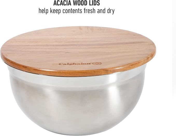 Calphalon Orbit Mixing Bowl Set, 3-Piece Stainless Steel Mixing Bowls(1.5 Qt, 3 Qt, 5 Qt) with Acacia Wood Lids & Non-Slip Base, Kitchen Prep Bowls for Mixing, Serving & Food Storage - Image 8