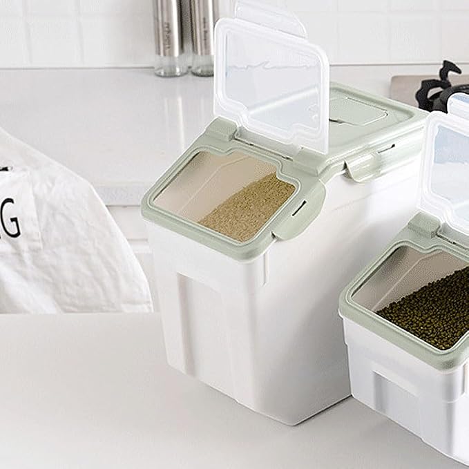 25LB Large Flour Storage Container Bin ,2 Pack Airtight Plastic with Wheels Seal Locking Lid Dispenser Organizer Storage Bin with Measuring Cup & Scoop for Flour, Rice, Grain 50LBS Total - Image 7