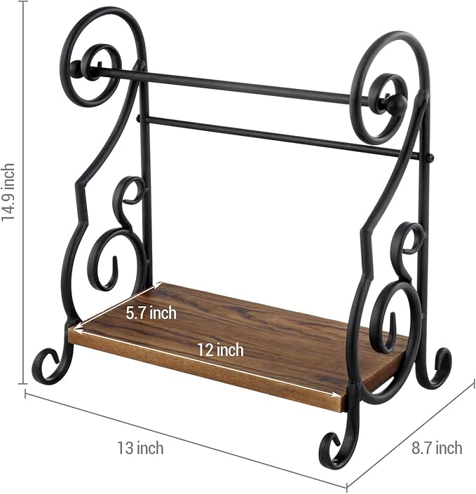 MyGift Black Metal Countertop Paper Towel Holder with Rustic Solid Burnt Wood Storage Shelf and Scrollwork Design, Easy Refill Single Roll Holder - Image 7