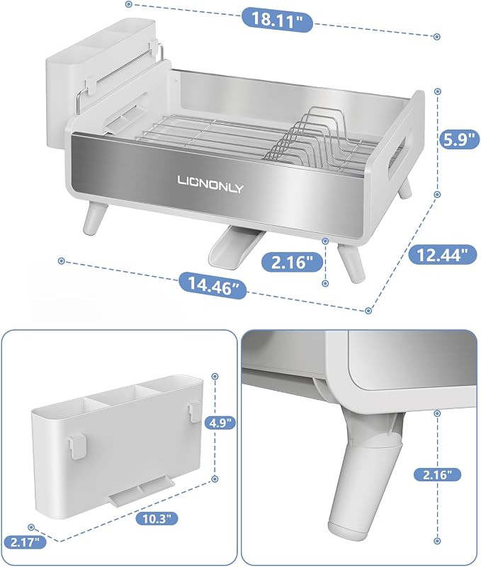 Dish Drying Rack, Thicker Premium Aluminum Frame and 304 Stainless Steel Plate Rack for Kitchen Counter, Automatic Drainage Spout, Dish Drainer & Drainboard Set with Utensil Holder, White - Image 7