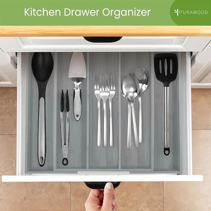 Purawood Kitchen Drawer Organizer - Expandable Utensil Drawer Organizer for Kitchen, Cutlery Tray & Silverware Organizer, 3-5 Slots - Bamboo Organizer for Utensils & Flatware (Grey) - Image 5