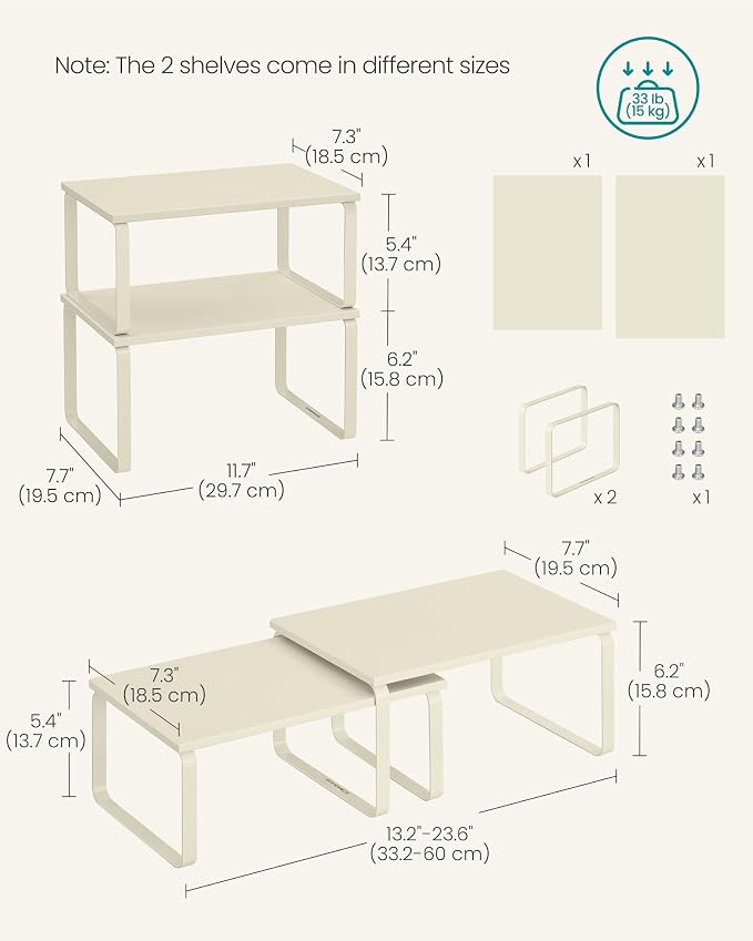 SONGMICS Cabinet Organizer Shelf, Set of 2 Kitchen Counter Shelves, Kitchen Storage, Spice Rack, Stackable, Expandable, Metal and Engineered Wood, 11.7 Inches, Cream White UKCS002W02 - Image 6