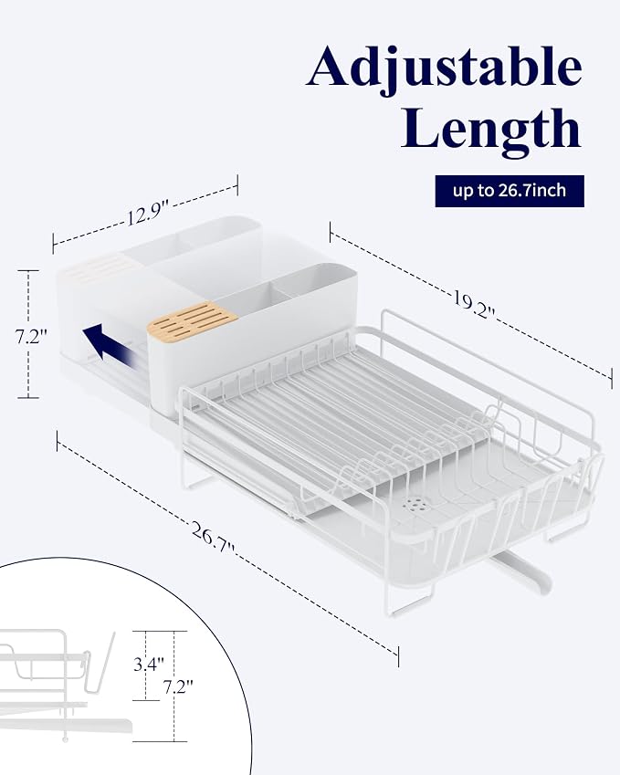 Kitsure Extendable Dish Drying Rack, 19.2"-26.7" L x 12.9" W, White | Large Dish Rack, Multifunctional Dish Rack for Kitchen Counter, Anti-Rust Dish Drainers with Cutlery & Cup Holders - Image 2