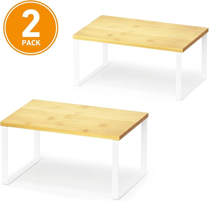 SpaceAid Cabinet Shelf Organizers 2 Pack, Kitchen Counter Rack Shelves Riser, Stackable Expandable Spice Rack, Pantry Cupboard Storage Organization (White and Natural, Short) - Image 7