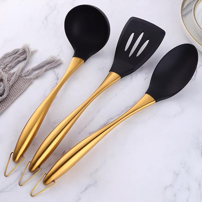 Silicone Cooking Utensil Set, 6 pcs Silicone Cooking Kitchen Utensils Set, Non-stick Kitchen Cookware Titanium Stainless Steel Handle with Utensil Holder, Spatula Set for Cooking -Rose Gold - Image 9