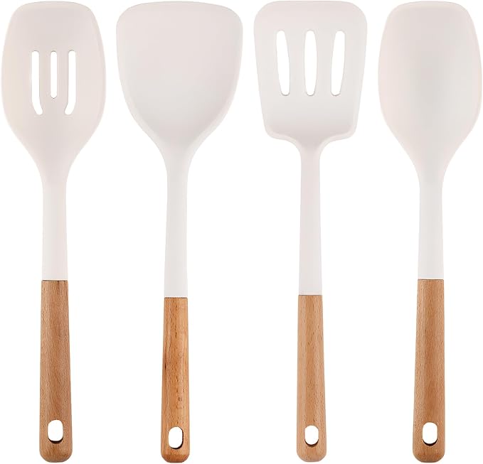 Silicone Kitchen Utensils Set of 4, Large Non-Stick Cooking Utensil Set w Wooden Handle Food Grade Heat Resistance Turner Spoon Silicone Cooking Kitchen Gadgets BPA Free for Nonstick Cookware - Image 9