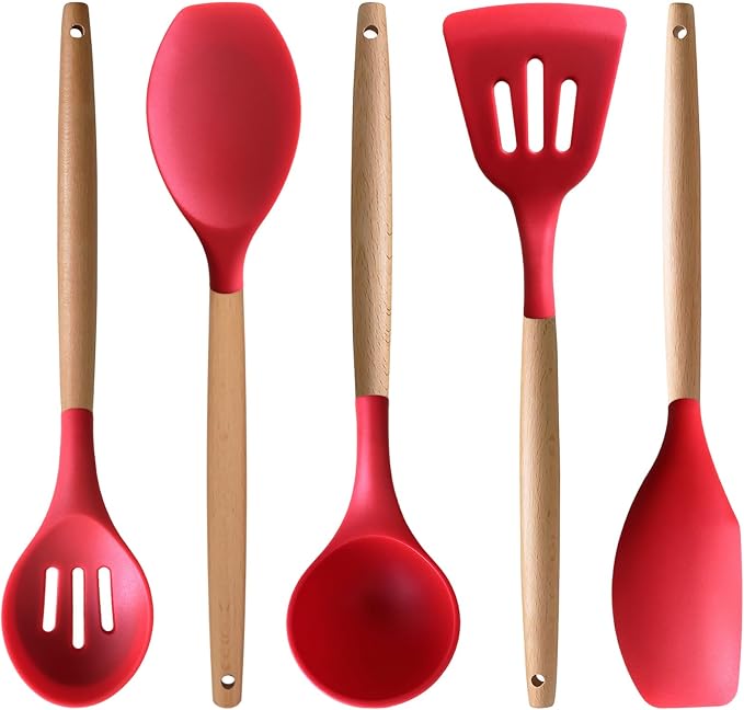Silicone Cooking Utensils Set 5Pcs Non-Stick Silicone Kitchen Utensils for Cooking, Heat Resistant Kitchen Gadgets Spatula Spoon Turner Set with Wooden Handles for Non-Stick Cookware BPA Free - Image 9