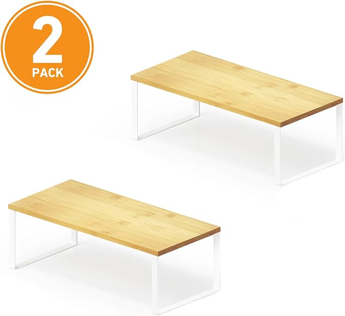 SpaceAid Cabinet Shelf Organizers 2 Pack, Kitchen Counter Rack Shelves Riser, Stackable Expandable Spice Rack, Pantry Cupboard Storage Organization (White and Natural, Long) - Image 7