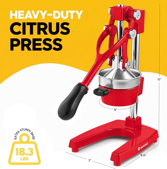 Eurolux Ultra-Premium Cast Iron Juicer | Extra-Large, Heavy Duty, Commercial Grade, Stainless Steel Manual Hand Press Citrus Squeezer For Fresh Orange Juice, Pomegranate, Lemon, and Much More (Red) - Image 9