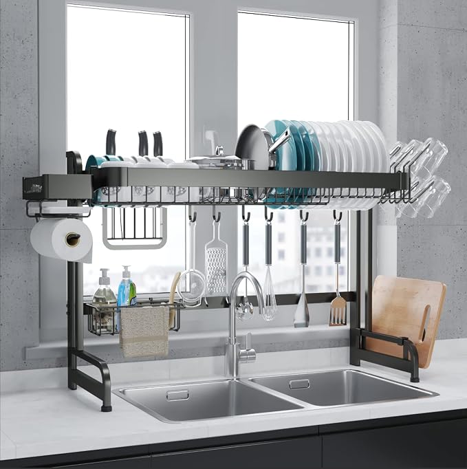 LIVOD Over Sink Dish Drainer Drying Rack, 2 Tier Full Stainless Steel Storage Adjustable Length Kitchen Rack, Multifunctional Expandable Counter Organizer, Space Saver Dish Rack - Image 9
