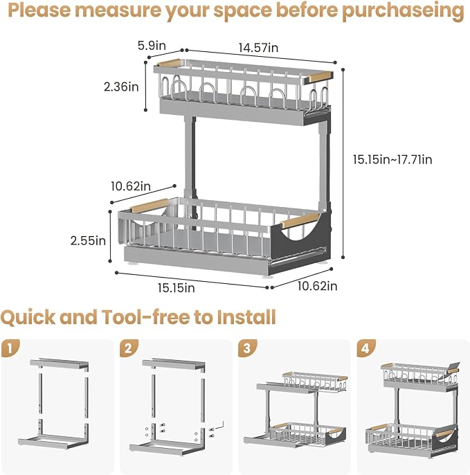 Under Sink Organizer and Storage 2 Tier Cabinet Pull Out Shelf Organizers | 2 Pack 2 Tier under sink storage for Bathroom and Kitchen Slide Out Drawer Organization for Home Cabinets Shelves and Drawers - Image 8