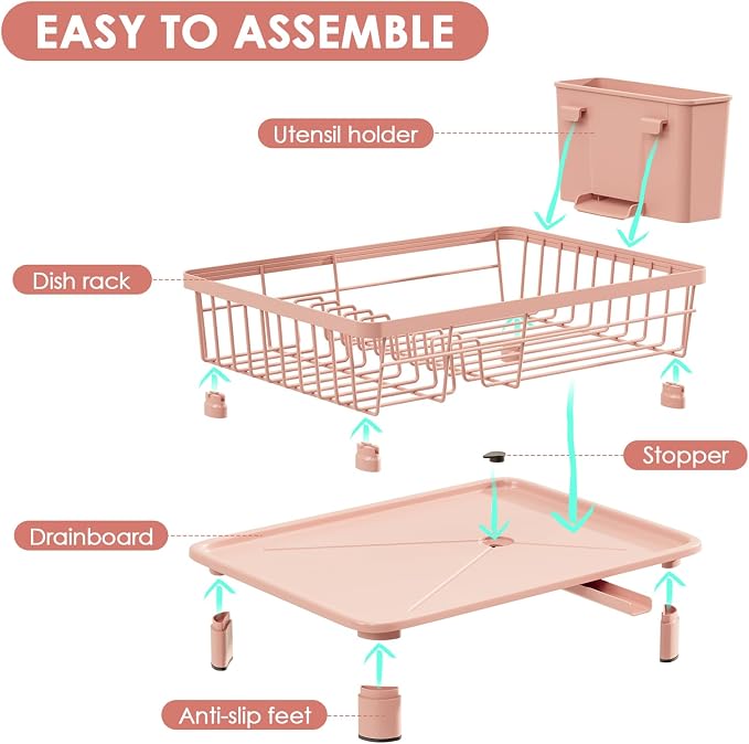 Dish Drying Rack, Stainless Steel-Dish Rack, Dish Racks for Kitchen Counter, Kitchen Dish Drainers with Removable Utensil Holder,New Drain Outlet,Plate Rack and Drainboard,(Pink-11 W x 15" L) - Image 7