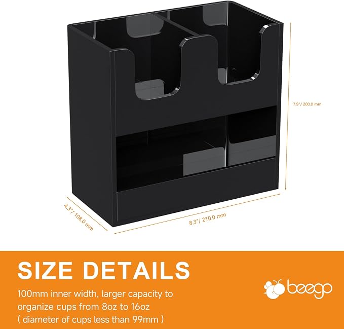 Beego 3-Compartment Cup Holder for Countertop - 2-Tier Black Acrylic Cup Dispenser Coffee Station Paper Cup and Lid Organizer Condiment Storage for Restaurant Breakroom Kitchen Bar Accessories - Image 9