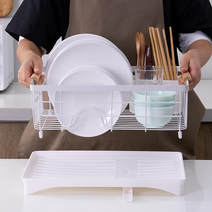 Dish Drainer Rack - Plate, Cutlery, Pots, and Pans Drying Rack for Kitchen with Beechwood Handles - Modern Retro Design Drip Tray with Metal Rack - White - Image 9