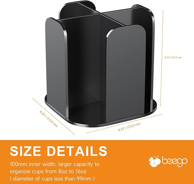 Beego Coffee Cup Holder Organizer - Rotatable 4 Compartments Black Acrylic Cup Dispenser Station With Lid Carousel - Countertop Plastic Cup Holder for Restaurant Breakroom Bar Accessories - Image 9