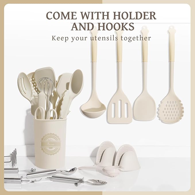 Kikcoin 43 PCS Silicone Kitchen Utensils Set, Dishwasher Safe Kitchen Cooking Utensils Set, 446°F Spatulas Silicone Heat Resistant, Non Toxic Silicone Utensils Set With Two-Tone Grip Handles, Cream - Image 7