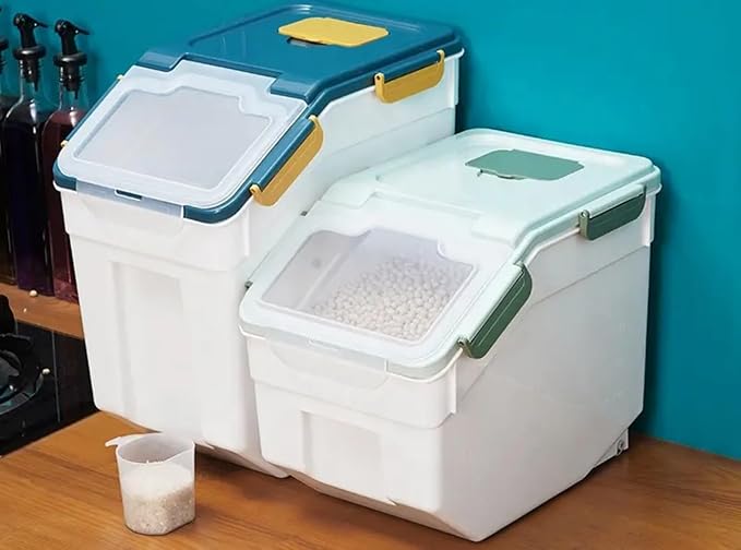 2 Pack Large Flour Storage Container 25 lb, Airtight Food Storage Bins with Wheels & Locking Lid, BPA Free Rice Grain Organizer with Measuring Cup, Flour Bin for Kitchen Pantry (Blue) - Image 7