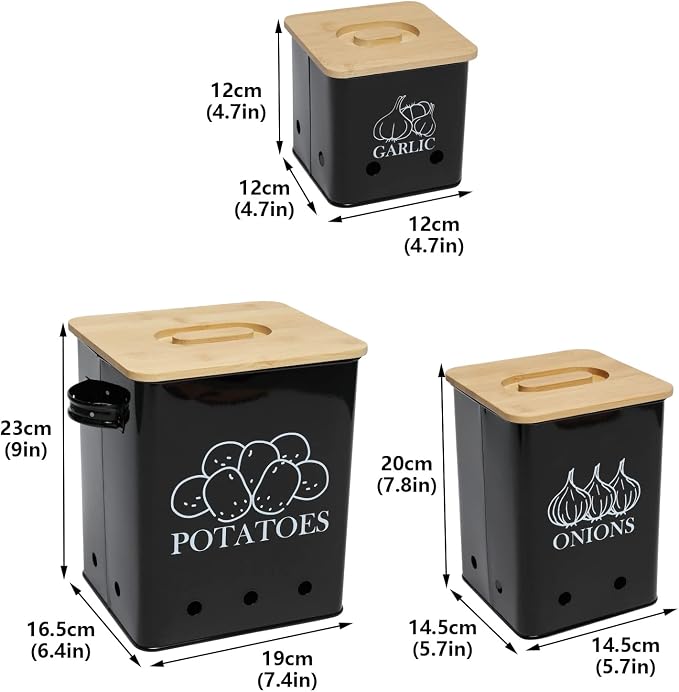 Kitchen Canisters Set, Storage Bin for Potato Onion & Garlic, 3 Pack Set Countertop Pots Containers with Wooden Lid - Potato Storage, Garlic Bin, Onion Keeper Tin with Aerating Holes-Black - Image 7