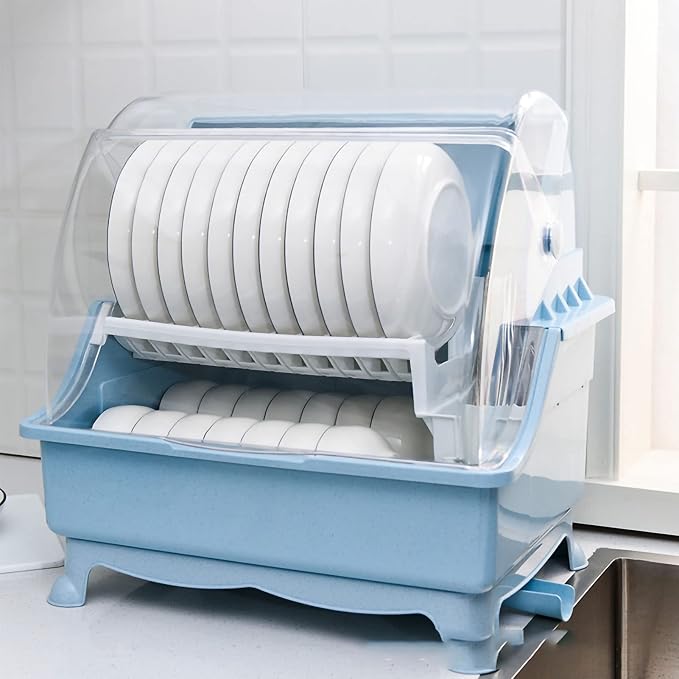 Dish Drying Rack, Bottle Dryer Holder with Cover Lid and Removable Drainboard, Utensil and Cup Holder for Kitchen Counter, Dish Dryer Shelf, Medium Size, 16 x 13 x 18.3 Inch (Pink) - Image 8