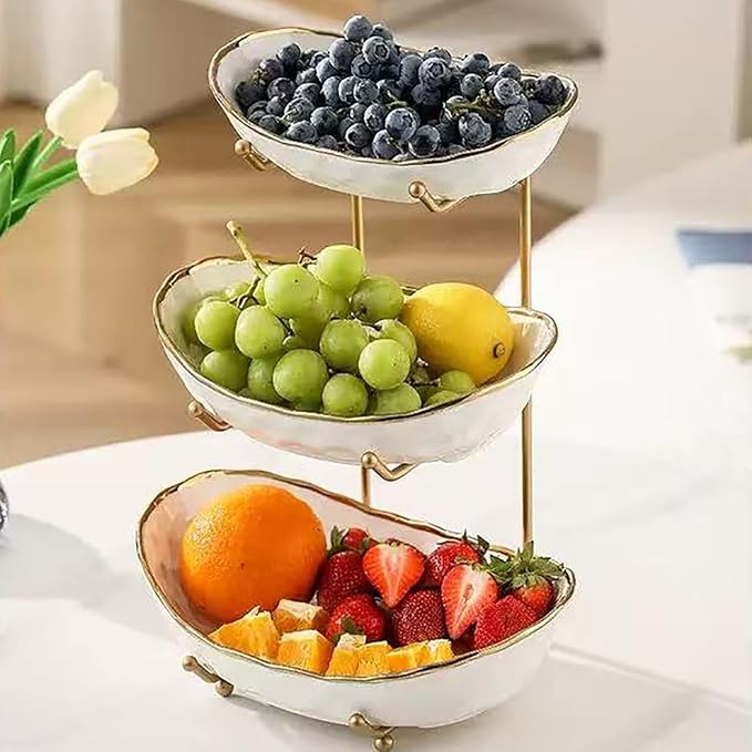 3-Tier Fruit Bowls for Kitchen Counter,White Ceramic Bowl with Gold Metal Stand,3 Tier Fruit Basket for Fruit,Snack,Cake,Nuts,Dessert Storage - Image 7