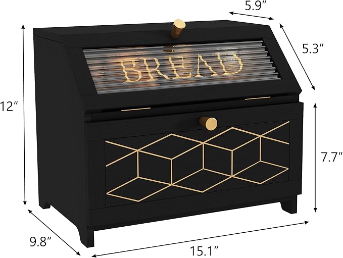 HOLTICO Double Layer Bread Box with Golden Trim for Kitchen Countertop | Wooden Bread Container for Kitchen Counter, Large Capacity Bread Keeper, Farmhouse Food Organizer with Glass Window - Image 7