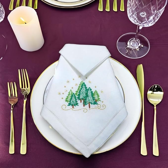 Embroidered Cloth Napkin Christmas Trees Cotton Napkins Set of 6, 20x20 Hemstitch Table Napkins Machine Washable, Daily & Christmas, Great Present Ideas - Image 9