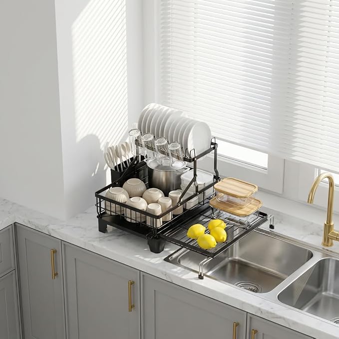 Large 2 Tier Dish Drying Rack - Expandable Over Sink & Counter Use | Extendable Drying Space, Auto-Drain Spout, Stable Screw-Fixed Frame, Cup & Utensil Holder, Rust-Resistant Kitchen Rack, Black - Image 9