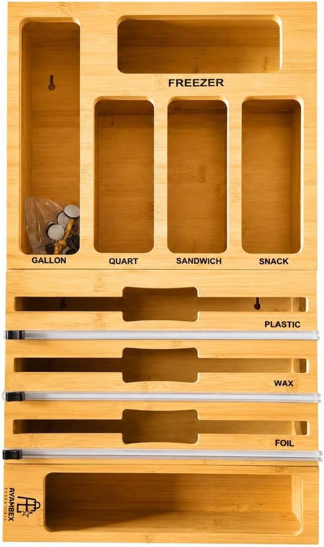 9-in-1 Bamboo Kitchen Drawer Organizer - Storage Bag Holder with Built-In Foil & Wrap Cutter Dispenser - Wooden Food Storage Bag Organizer for Gallon, Quart, Sandwich and Snack Sizes - Image 8
