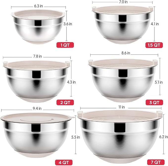 Rottay 20PCS Stainless Steel Mixing Bowls with Airtight Lids Set | Includes 3 Grater Attachments and Non-Slip Bottoms with Size 7, 4, 3, 2, 1.5, 1QT Nesting Bowls for Baking, Meal Prep - Image 6