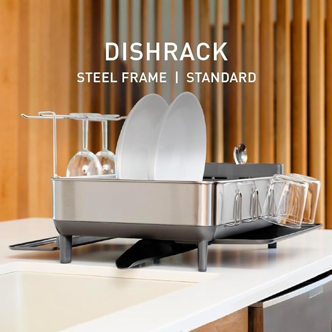 simplehuman Steel Frame Dishrack, Large Capacity Dish Drying Rack, 360º Easy Drain Swivel Spout, Utensil & Wine Glass Holder, Anti-Residue Coating, Moisture Control Surface, Brushed Stainless Steel - Image 6