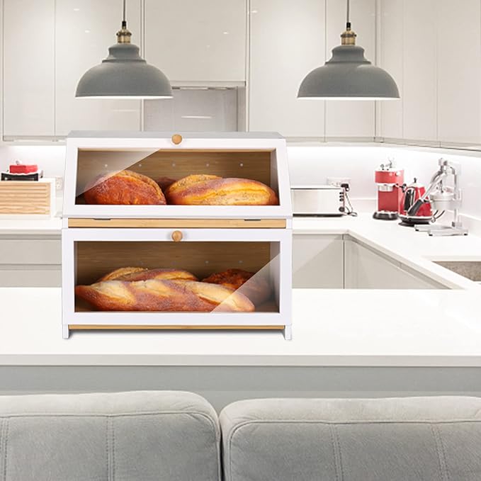 HOMEKOKO Double Layer Wood Bread Box for Kitchen Counter,Keep Fresh, White | Keeps Bread Fresh 3-4 Days, Large Capacity Fits 2+ Loaves, Suitable For Home Kitchen Food Storage Use, See-Through Window - Image 6