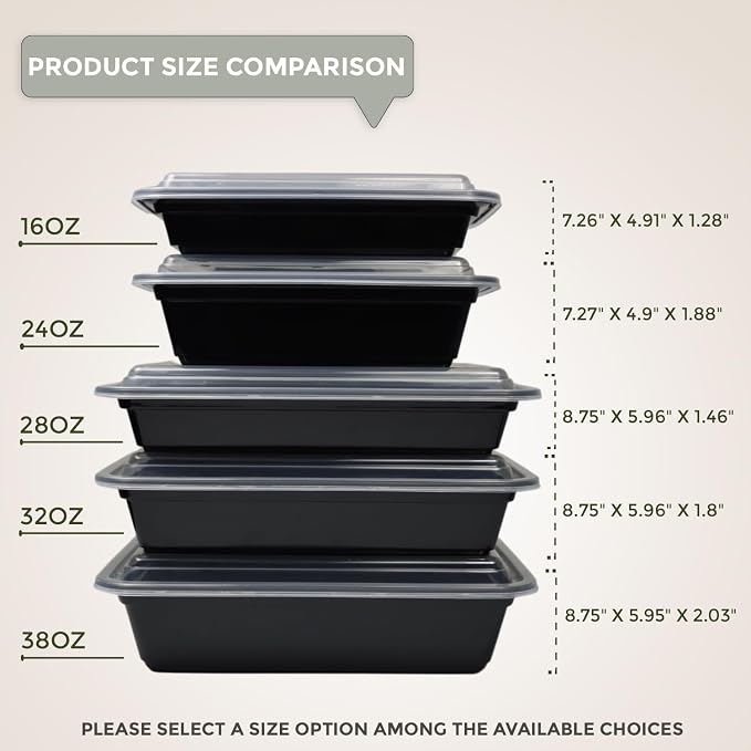 Klex 32 Oz, 150 Sets 2 Compartment Meal Prep Containers with Airtight Lids, BPA Free, Reusable Plastic Food Container, 32 oz, Rectangular, Black/Clear, 150 Sets - Image 7