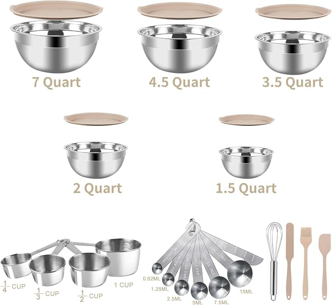 WEPSEN Mixing Bowls Set, 25PCS Khaki Mixing Bowls With Lids Set Stainless Steel Kitchen Large Nesting Metal Bowl 7QT to 1.5QT, Measuring Cups and Spoons for Prepping Cooking Serving - Image 9