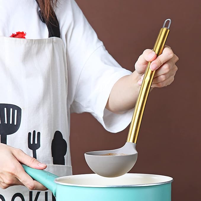 Gold Ladle, Berglander Non-stick Silicone Kitchen Ladle With Titainium Gold Plating handle, Soup Ladle, Cooking Ladle Soup Spoon For Cooking, Dishwasher Safe, Easy to Clean - Image 7