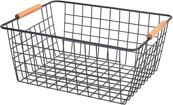 LeleCAT Large black wire basket for Organizing with Wooden Handles,pantry refrigerator organizers and storage,Snack Storage Baskets for Cabinets, Closets, Bedrooms, kitchen -2pack(Black) - Image 7