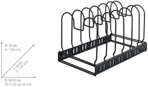 WENKO Pan Storage and Lid Holder, Telescopic Storage for Cupboards with 6 Compartments for Frying Pans and Lids, Cutting Board, Metal, 30-57 x 18 x 18 cm, Black - Image 8