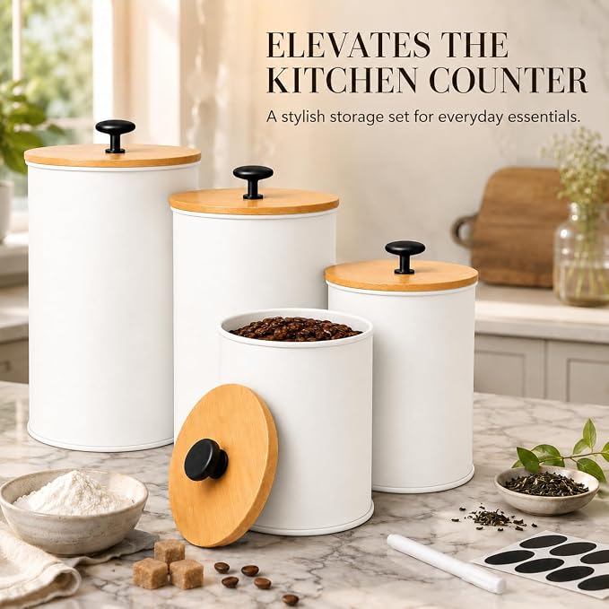 Kitchen Canister Set of 4 Airtight Metal Containers with Bamboo Lids, White | Flour sugar coffee tea canisters set with bamboo lids, customizable chalkboard labels & marker pen - Image 7