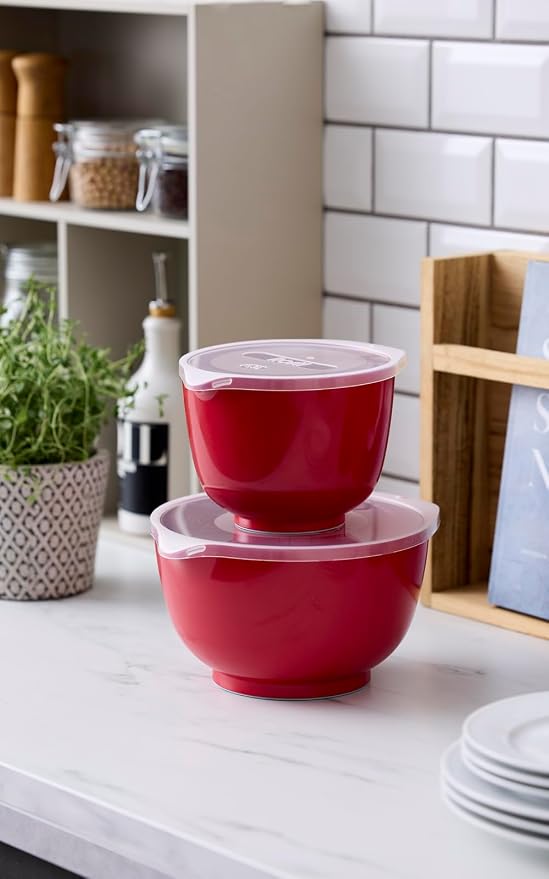 Rosti Margrethe Set of 2 Plastic Mixing Bowls - 2 Lids Included - Airtight Salad Bowls - 1.5 Litre and 3 Litre, Red - Image 2