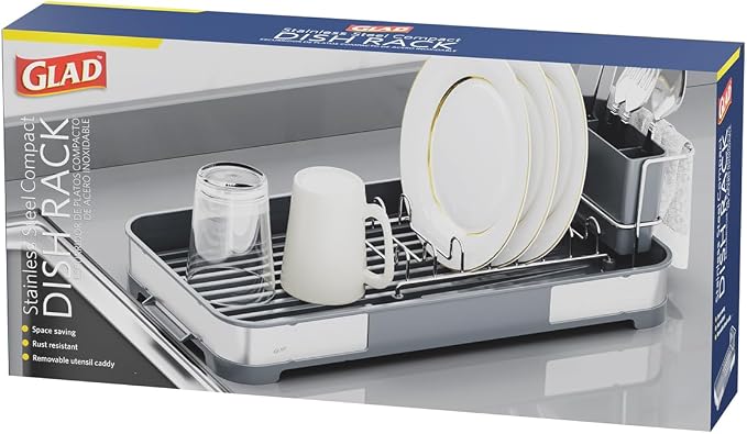 Glad Stainless Steel Dish Drying Rack - Small Space Saving Dish Drainer with Removable Cutlery Holder, Drain Spout, and Towel Bar - Rust-Resistant Metal Rack for Kitchen Countertops, (8”W x 17.5”L) - Image 6