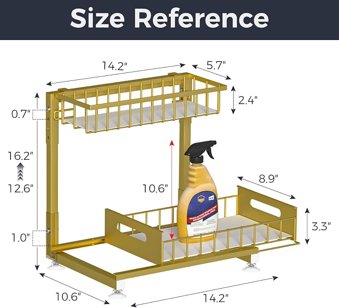 2-Pack L-Shaped Under Sink Organizer, 2-Tier Pull-out Cabinet Rack | Gold Height-Adjustable Steel Rack, Sliding Grid Drawers with PP Liners, Holds 100 Lbs, Suction Base, Ideal Kitchen Storage - Image 6