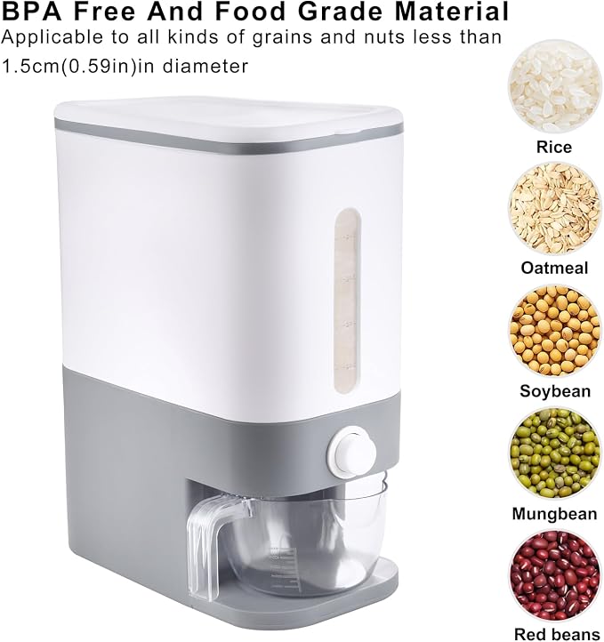 Rubtlamp 22.5-25 Lbs Gray Rice Dispenser, Rice Container with Lid, Rice Storage Container with Measuring Cup, Food Dispenser Rice Container, Storage Container for Cereal, Household Rice Bucket - Image 9