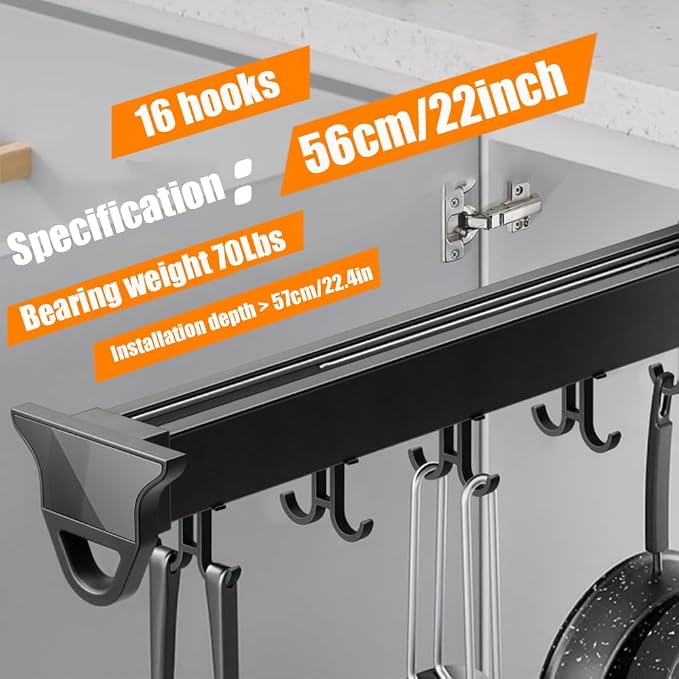22" Hanging Pot Racks for Kitchen, Pull Out Pot Organizer Rack | with 16 Hook, Pot and Pan Organizer for Under Cabinet, Metal Pot and Pan Hanging Rack, Aluminum Alloy Full-Extension Rail - Image 7