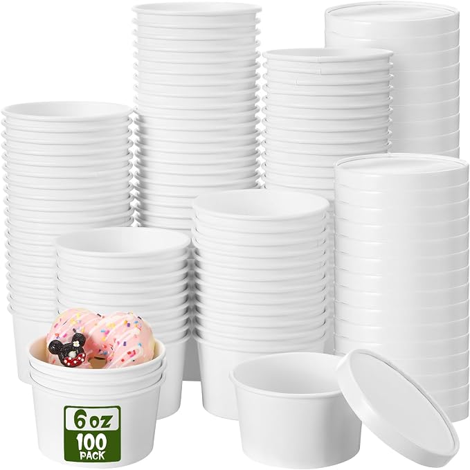 Fulmoon 100 Pack Paper Soup Containers with Lids Disposable Paper Food Containers with Vented Lid Kraft Ice Cream Cake Dessert Cups Soup Bowl for Party Hot Food Fruit Microwave(6 oz,White) - Image 8