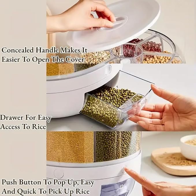 Rice Dispenser, 6-Compartment Rotating Grain Storage Container, Large | 360° Rotating Countertop Cereal Dispenser for Pantry with Push Button, Dry Food Organizer for Rice, Beans, Grains and Nuts - Image 8