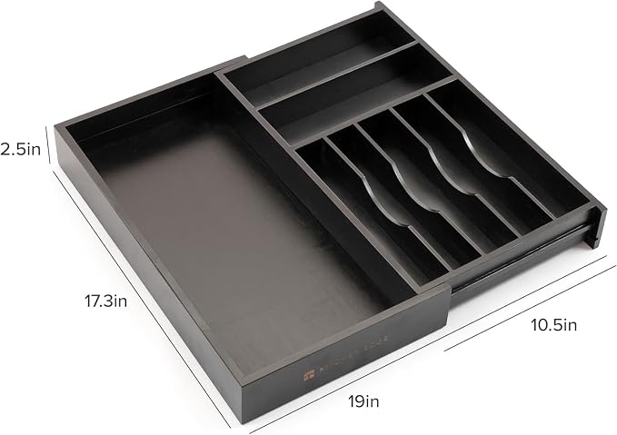 Silverware & Utensil Drawer Organizer, 10.5-19 in, Black Bamboo | Cutlery, flatware, food-safe contract grade, kitchen drawer fit - Image 8