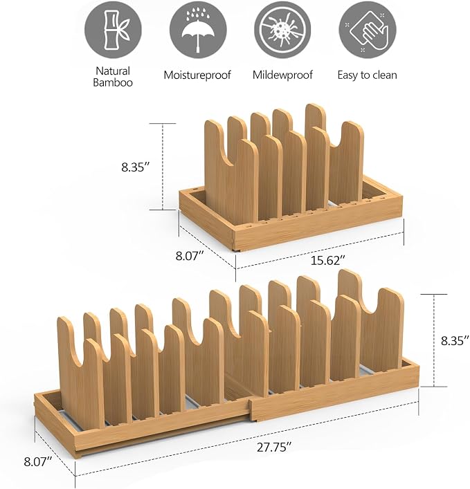Pots and Pans Organizer under Cabinet,Pot and Pan Organizer,Lid Organizer | Expandable Bamboo Pan and Lid Organizer, 16" to 28" Adjustable Length and 10 Dividers - Image 9