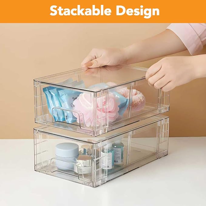 2 Pack Stackable Storage Drawers,Plastic Organizers Bins, Drawers Storage with Handles and Movable Dividers for Organization and Storage in Fridge,Bathroom, Pantry, Kitchen Cabinets, Under Sink - Image 9