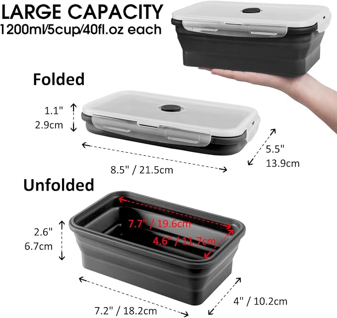 Collapsible Food Storage Containers with Lids, 8 Pack, 40 oz Silicone 1-Compartment Meal Prep Containers Reusable, Lunch Bento Boxes for Adults, Microwave Freezer Dishwasher Safe, BPA-Free, Black - Image 7