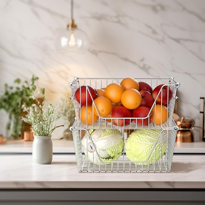Slideep 14'' Large Stackable Storage Baskets Cabinet Organizer Sturdy Metal Wire Pantry Freezer Bin for Pantry Home Bathroom Kitchen Organization 2 Packs - Image 5